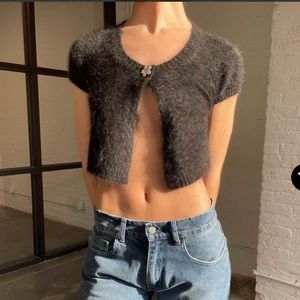 NWOT Danielle Guizio Black cropped angora short sleeve cardigan top. size M